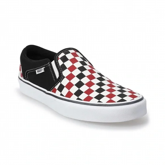 New! Vans Asher Men’s Skate Shoes Chili Pepper Black Check Slip On Sneakers - Picture 1 of 13